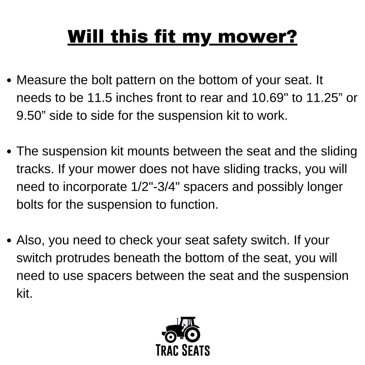 Trac Seats Seat Suspension Kit for John Deere Z540R 717A 737 757 777 797  997 Z810A Z820A Z840A Z850A Z915b Zero Turn Mower-Part # TCB10915